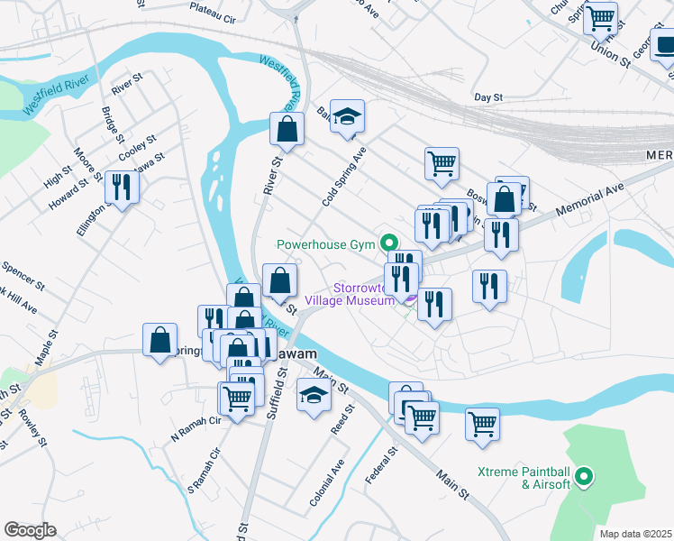 map of restaurants, bars, coffee shops, grocery stores, and more near 68 Colony Road in West Springfield