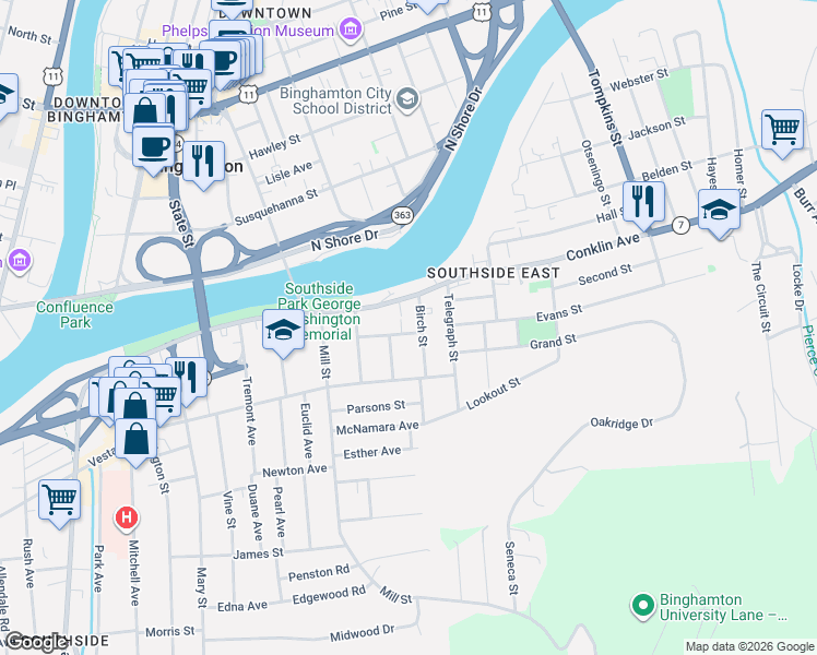 map of restaurants, bars, coffee shops, grocery stores, and more near 4 Birch Street in Binghamton