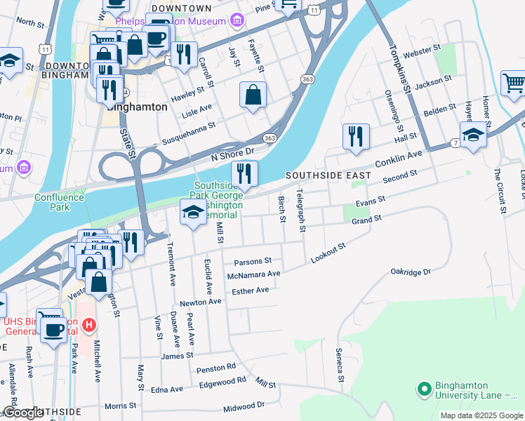 map of restaurants, bars, coffee shops, grocery stores, and more near 112-114 Conklin Avenue in Binghamton