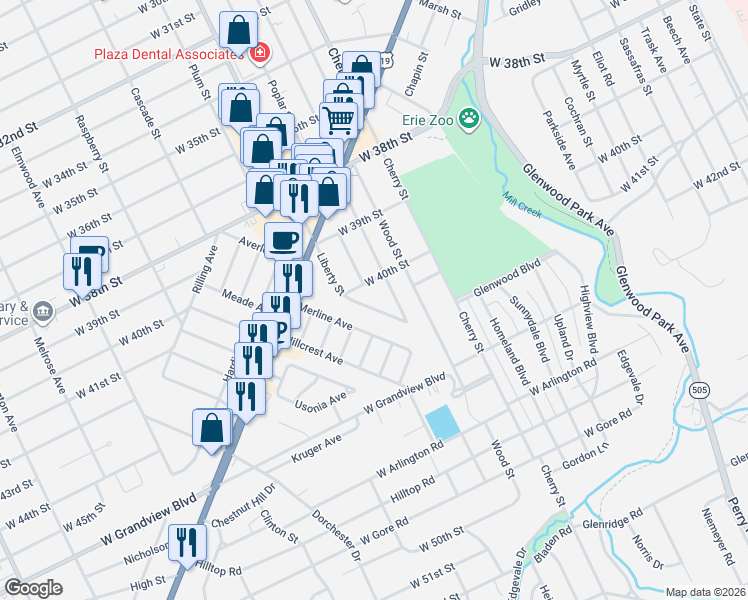 map of restaurants, bars, coffee shops, grocery stores, and more near 707 W 40th St in Erie
