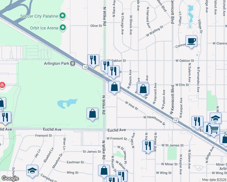 map of restaurants, bars, coffee shops, grocery stores, and more near 1616 West Northwest Highway in Arlington Heights