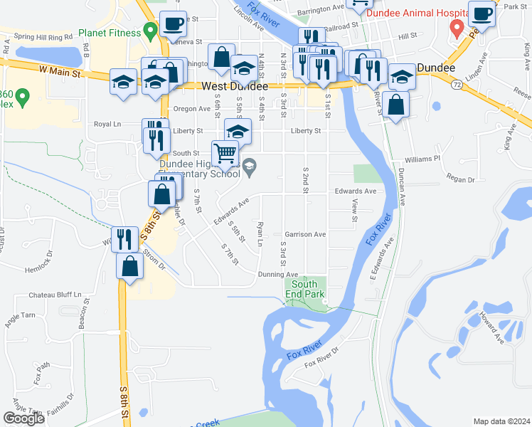 map of restaurants, bars, coffee shops, grocery stores, and more near 501 Ryan Lane in West Dundee