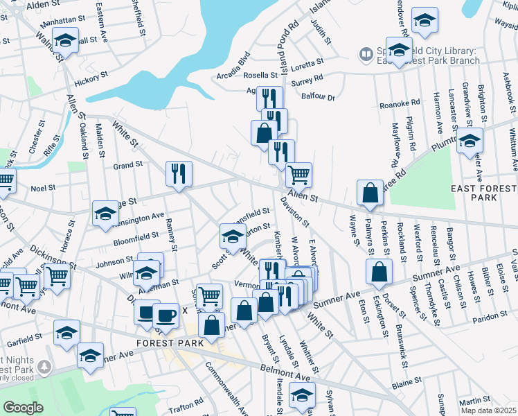 map of restaurants, bars, coffee shops, grocery stores, and more near 70 Mansfield Street in Springfield