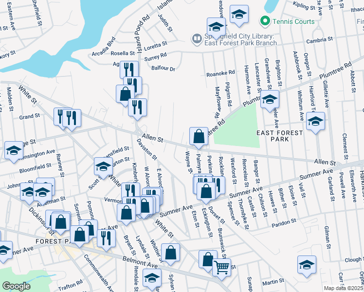 map of restaurants, bars, coffee shops, grocery stores, and more near 1 Allen Street in Springfield