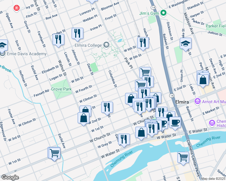 map of restaurants, bars, coffee shops, grocery stores, and more near 359 West Clinton Street in Elmira