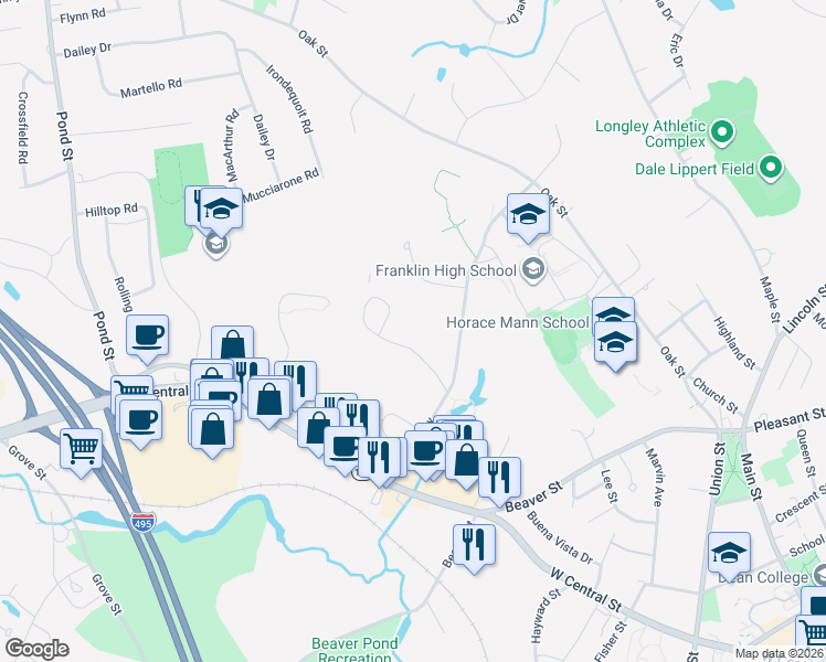 map of restaurants, bars, coffee shops, grocery stores, and more near 43 Highwood Drive in Franklin