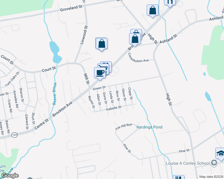 map of restaurants, bars, coffee shops, grocery stores, and more near 107 Green Street in Abington
