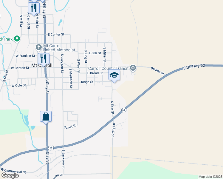 map of restaurants, bars, coffee shops, grocery stores, and more near 642 South East Street in Mount Carroll