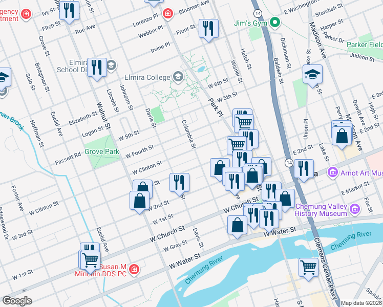 map of restaurants, bars, coffee shops, grocery stores, and more near 360 West Clinton Street in Elmira