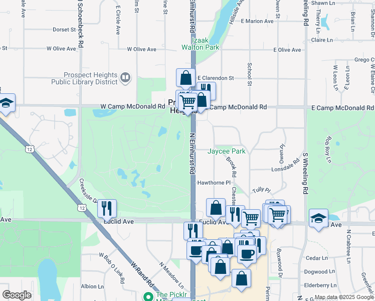 map of restaurants, bars, coffee shops, grocery stores, and more near 1454 North Elmhurst Road in Mount Prospect