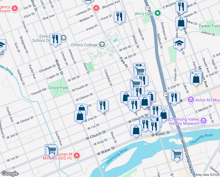 map of restaurants, bars, coffee shops, grocery stores, and more near 318 West Clinton Street in Elmira