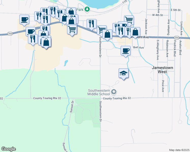 map of restaurants, bars, coffee shops, grocery stores, and more near 2123 Southwestern Drive in Lakewood