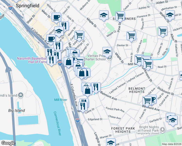 map of restaurants, bars, coffee shops, grocery stores, and more near 79 Acushnet Avenue in Springfield