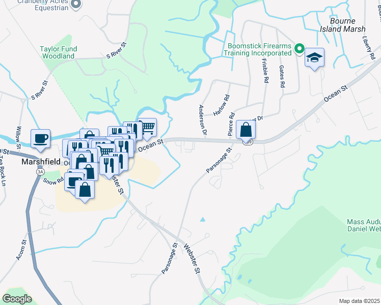 map of restaurants, bars, coffee shops, grocery stores, and more near 1733 Ocean Street in Marshfield