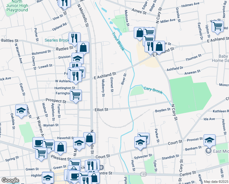 map of restaurants, bars, coffee shops, grocery stores, and more near 65 Emmet Street in Brockton