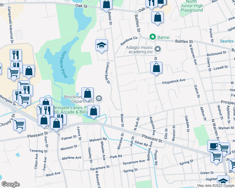 map of restaurants, bars, coffee shops, grocery stores, and more near 77 Colonel Bell Drive in Brockton