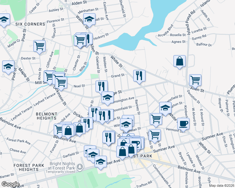 map of restaurants, bars, coffee shops, grocery stores, and more near 124 Revere Street in Springfield
