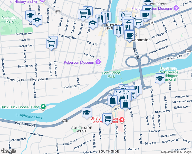 map of restaurants, bars, coffee shops, grocery stores, and more near 17 Front Street in Binghamton