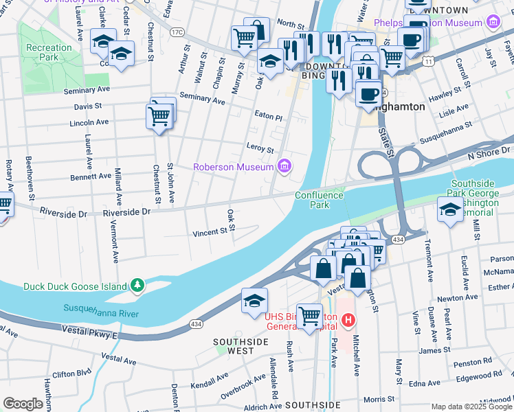 map of restaurants, bars, coffee shops, grocery stores, and more near 5 Riverside Drive in Binghamton