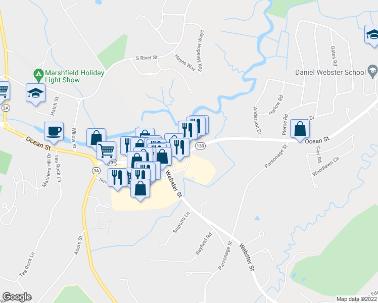 map of restaurants, bars, coffee shops, grocery stores, and more near 1831 Ocean St in Marshfield