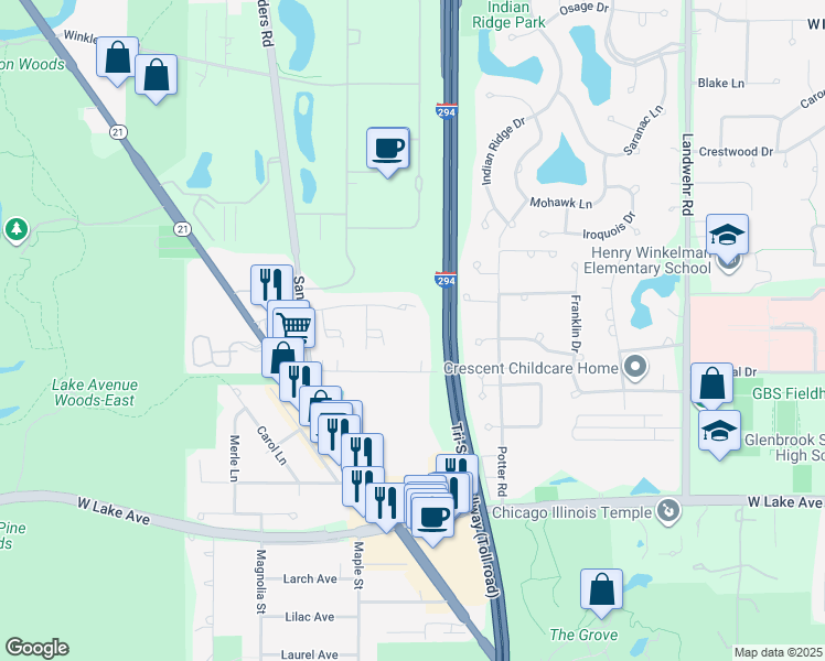 map of restaurants, bars, coffee shops, grocery stores, and more near 4501 Concord Lane in Northbrook