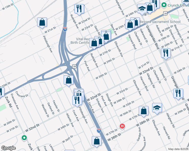 map of restaurants, bars, coffee shops, grocery stores, and more near 2916 Rudolph Avenue in Erie