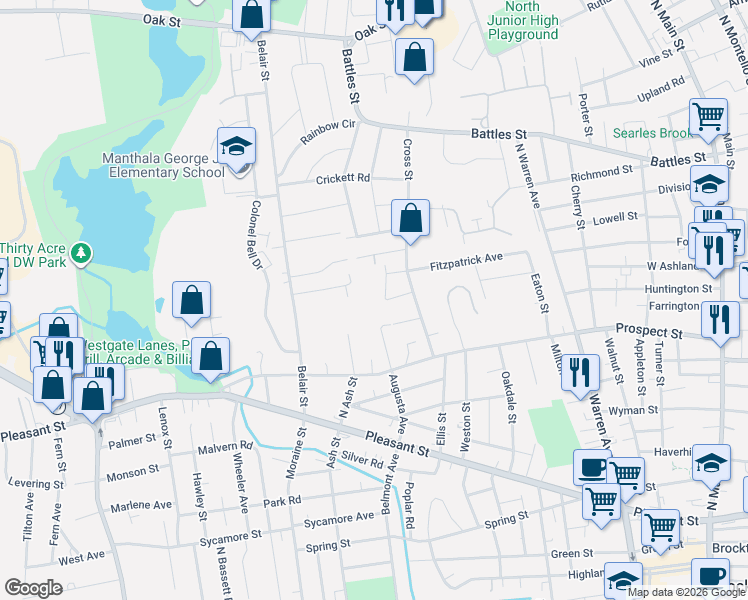 map of restaurants, bars, coffee shops, grocery stores, and more near 65 Cross Avenue in Brockton