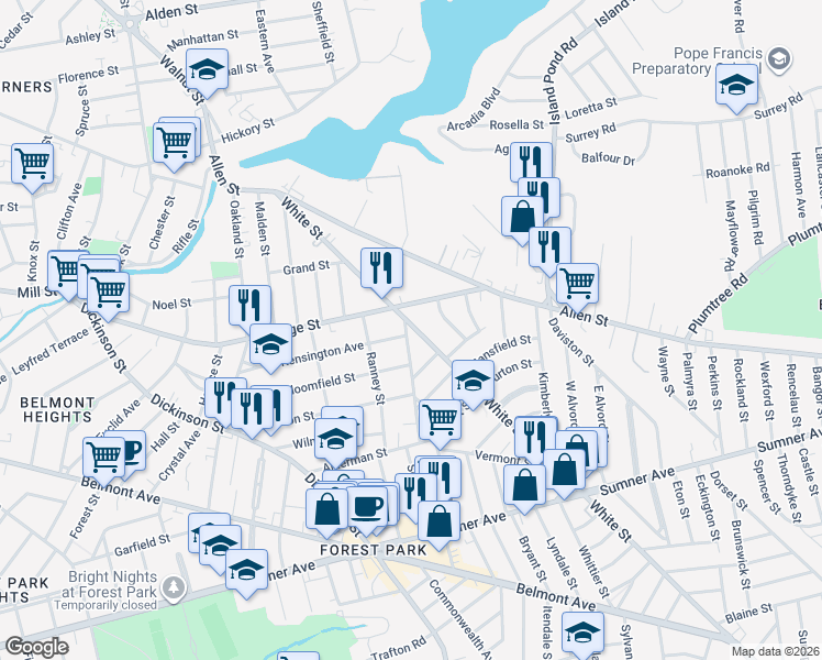 map of restaurants, bars, coffee shops, grocery stores, and more near 179 White Street in Springfield