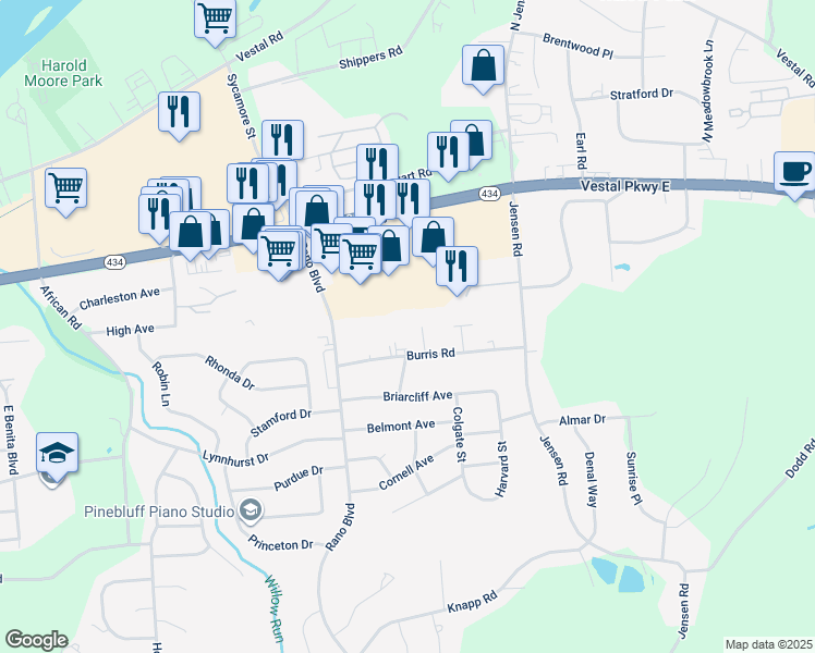 map of restaurants, bars, coffee shops, grocery stores, and more near 3137 Burris Road in Vestal