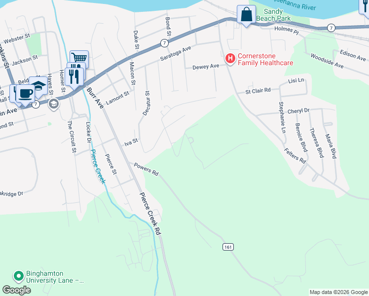 map of restaurants, bars, coffee shops, grocery stores, and more near 2 Hemlock Place in Binghamton