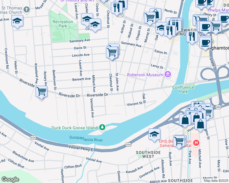 map of restaurants, bars, coffee shops, grocery stores, and more near 66 Riverside Drive in Binghamton