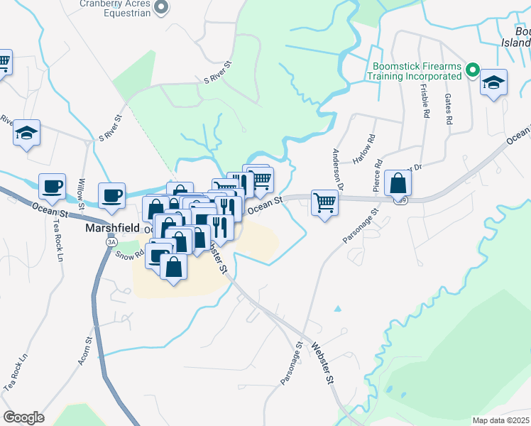 map of restaurants, bars, coffee shops, grocery stores, and more near 1801 Ocean Street in Marshfield