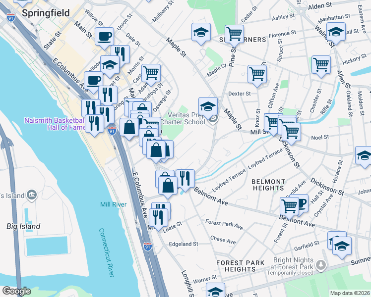 map of restaurants, bars, coffee shops, grocery stores, and more near 79 Acushnet Avenue in Springfield