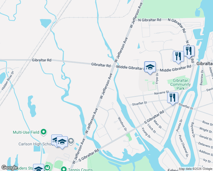 map of restaurants, bars, coffee shops, grocery stores, and more near 29255 West Jefferson Avenue in Gibraltar
