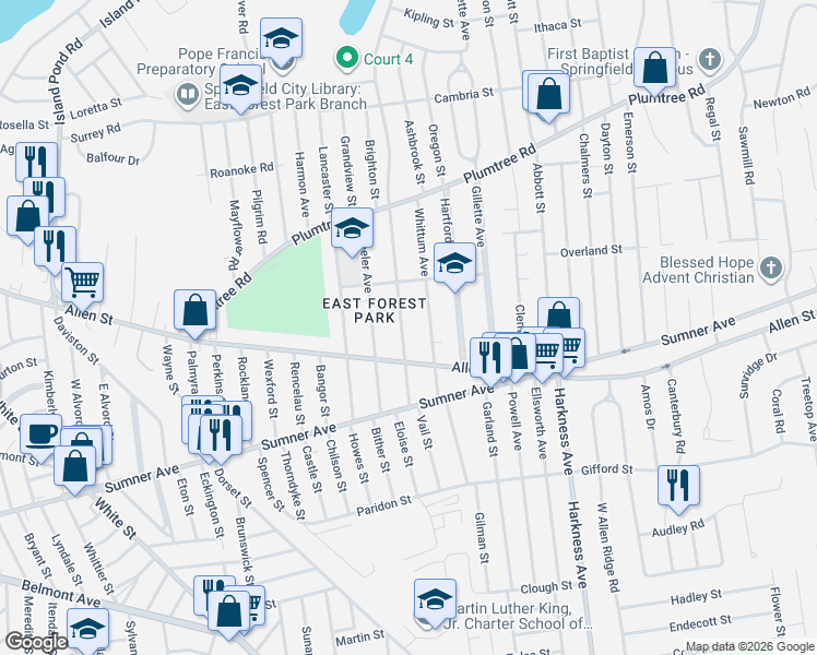 map of restaurants, bars, coffee shops, grocery stores, and more near 95 Roosevelt Avenue in Springfield