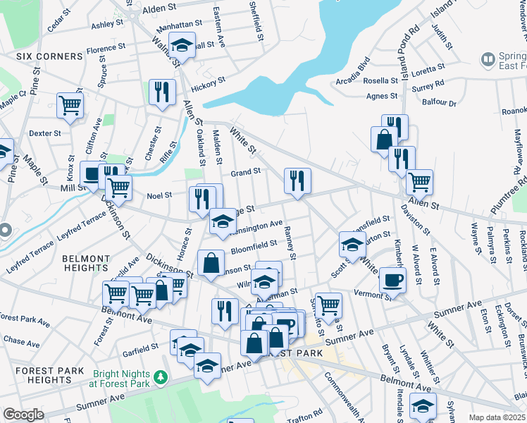 map of restaurants, bars, coffee shops, grocery stores, and more near 268-270 Orange Street in Springfield