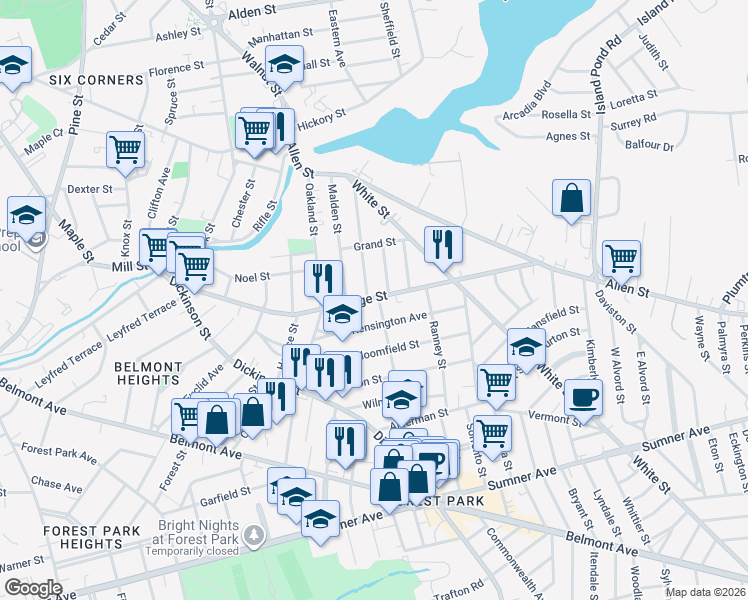 map of restaurants, bars, coffee shops, grocery stores, and more near 124 Revere Street in Springfield