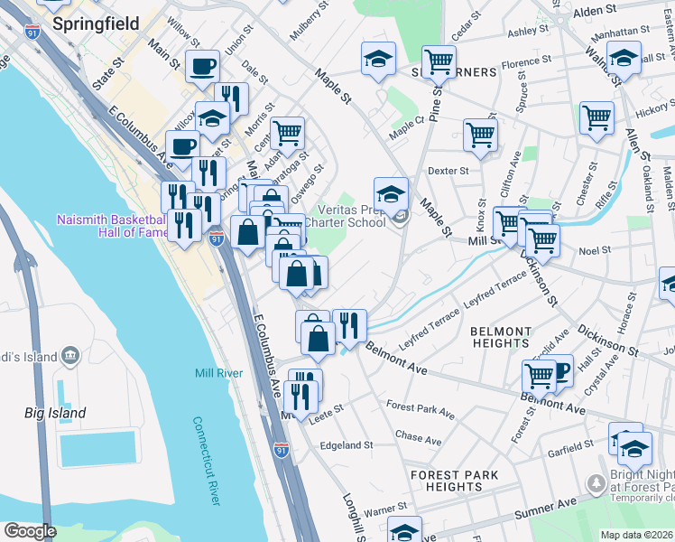map of restaurants, bars, coffee shops, grocery stores, and more near 79 Acushnet Avenue in Springfield