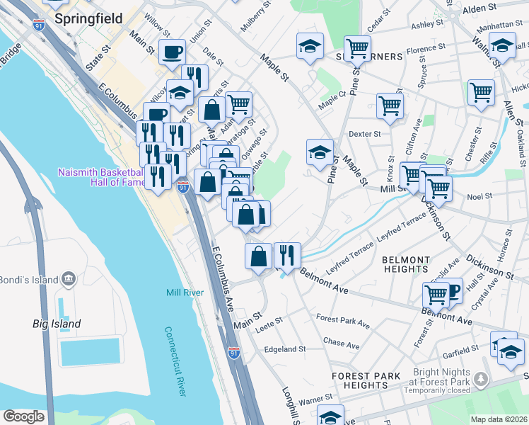 map of restaurants, bars, coffee shops, grocery stores, and more near 44 Rutledge Avenue in Springfield