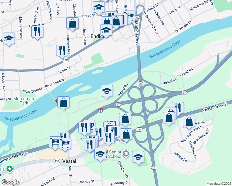 map of restaurants, bars, coffee shops, grocery stores, and more near 329 Old Vestal Road in Vestal