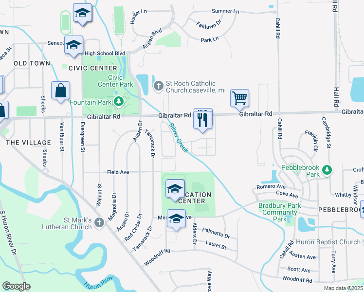 map of restaurants, bars, coffee shops, grocery stores, and more near 24869 Mayfair Street in Flat Rock