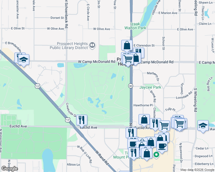 map of restaurants, bars, coffee shops, grocery stores, and more near 107 West Manshire Place in Mount Prospect