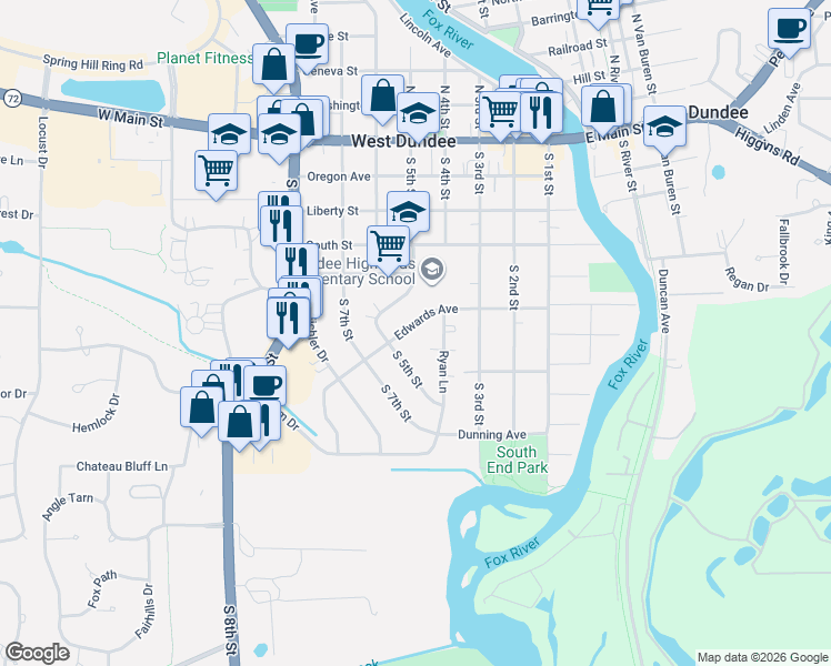 map of restaurants, bars, coffee shops, grocery stores, and more near 434 Edwards Avenue in West Dundee