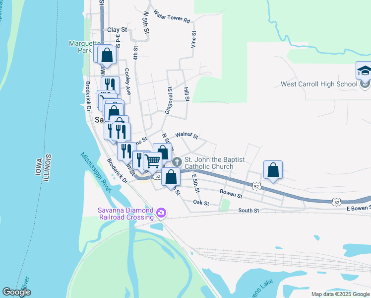 map of restaurants, bars, coffee shops, grocery stores, and more near 2-36 Oakwood Heights in Savanna