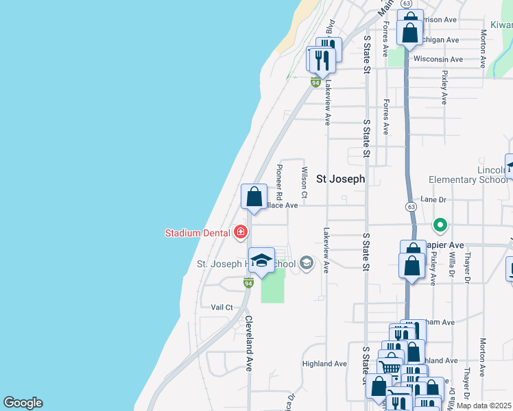 map of restaurants, bars, coffee shops, grocery stores, and more near 304 Wallace Avenue in Saint Joseph