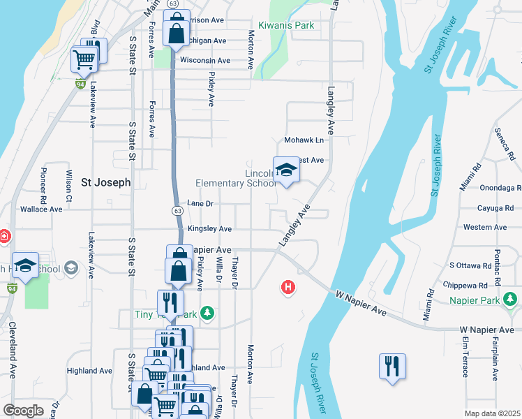 map of restaurants, bars, coffee shops, grocery stores, and more near 2211 Morton Avenue in St. Joseph
