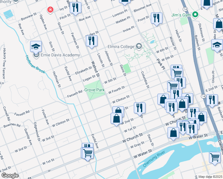 map of restaurants, bars, coffee shops, grocery stores, and more near 437 West 5th Street in Elmira