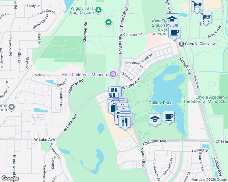map of restaurants, bars, coffee shops, grocery stores, and more near in Glenview