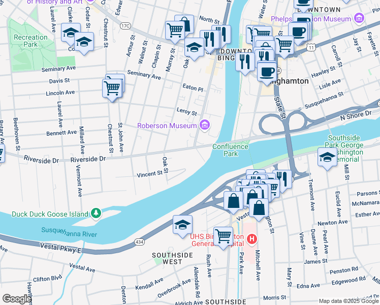 map of restaurants, bars, coffee shops, grocery stores, and more near 3 Riverside Drive in Binghamton