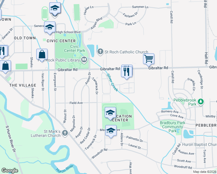 map of restaurants, bars, coffee shops, grocery stores, and more near 24869 Mayfair Street in Flat Rock